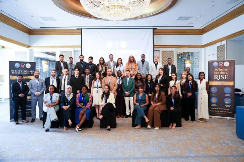Delegates from more than thirty countries gathered on stage at the Future Youth Leadership Summit in Dubai.
